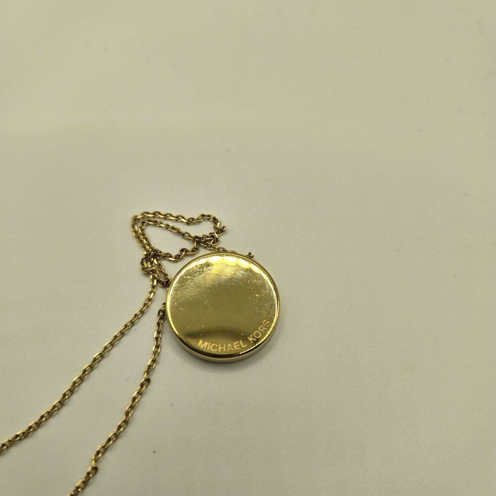 Michael Kors Gold Tone Pave Monogram Mother of Pearl Necklace - Picture 6 of 7